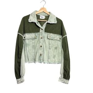 BKE Women Mixed Media Cropped Jacket Acid Wash Denim Waffle Knit Green M